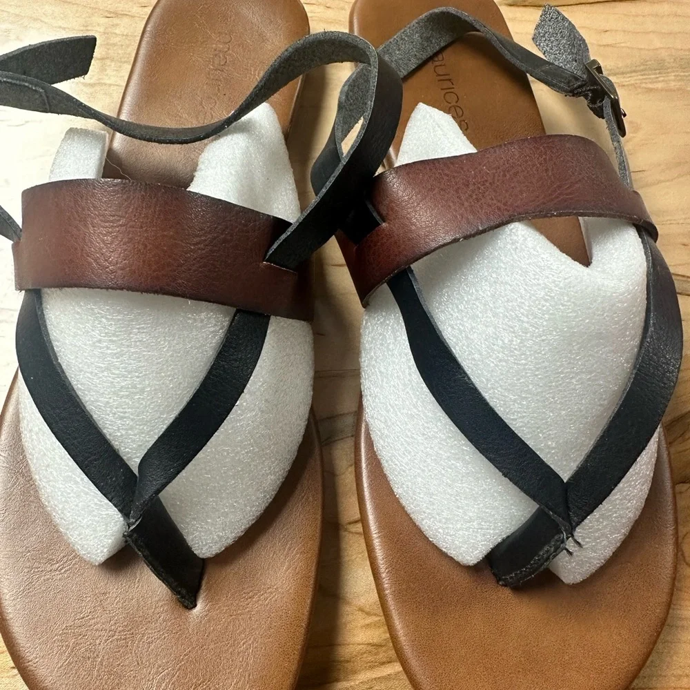 Maurices Brown and Black Leather Strap Sandals